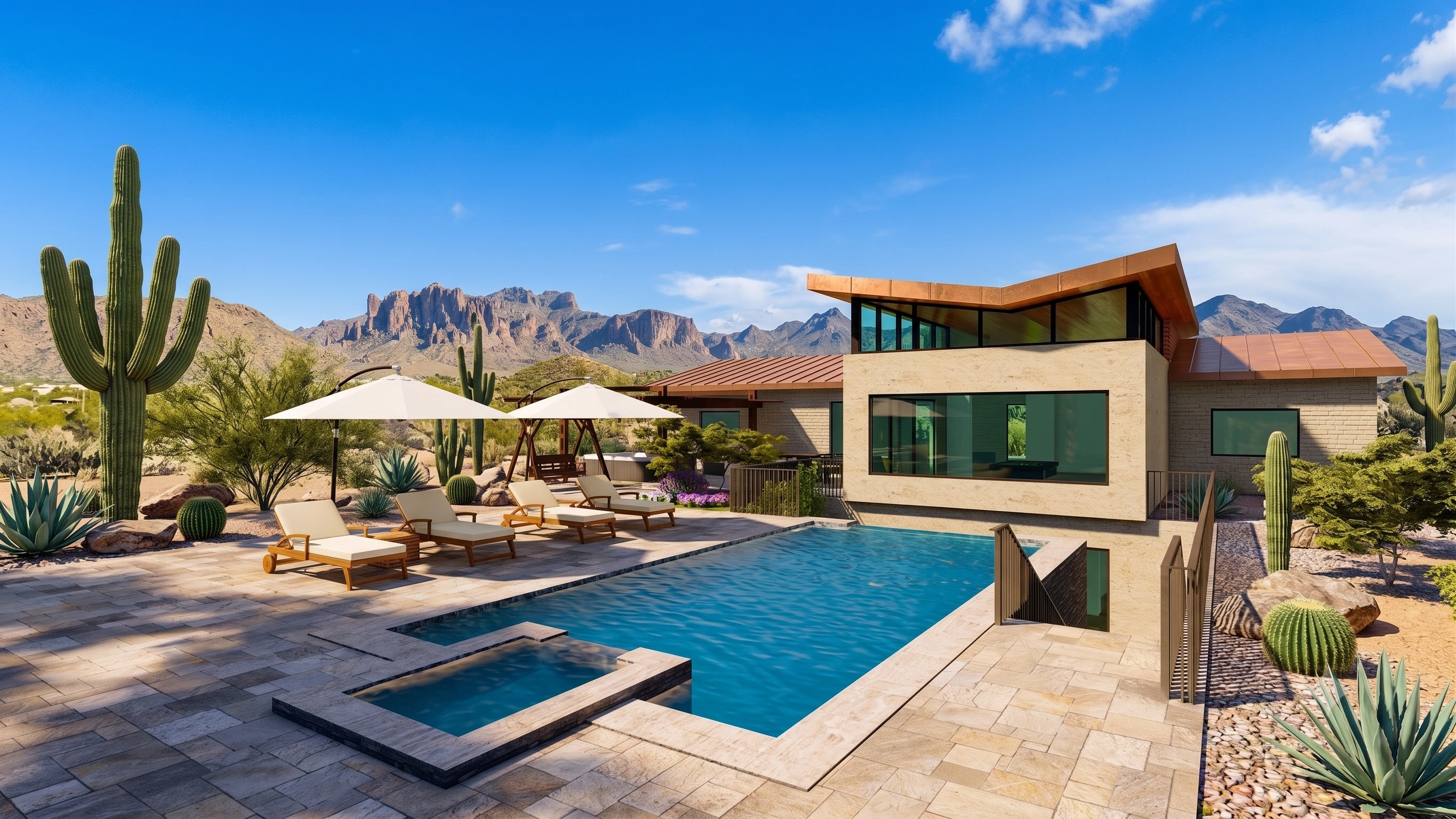 Poolside patio with lounge chairs, spa, and contemporary home addition in Scottsdale by 123 Remodeling