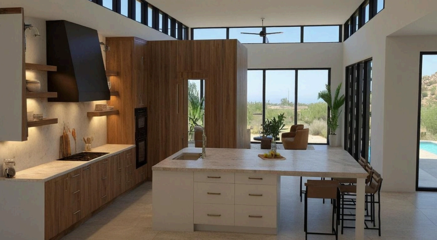 Open-concept kitchen addition with wood cabinetry, white island, and desert views by 123 Remodeling