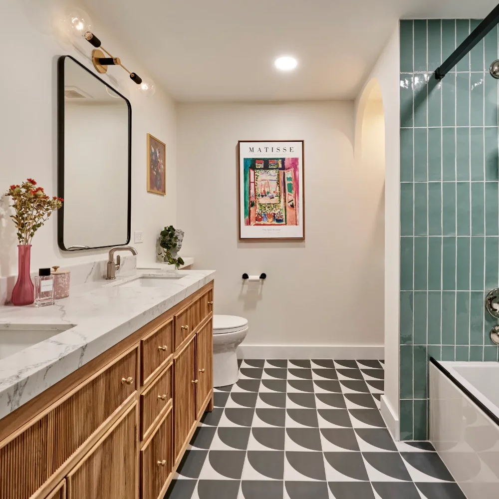 Art Deco bathroom renovation with double vanity