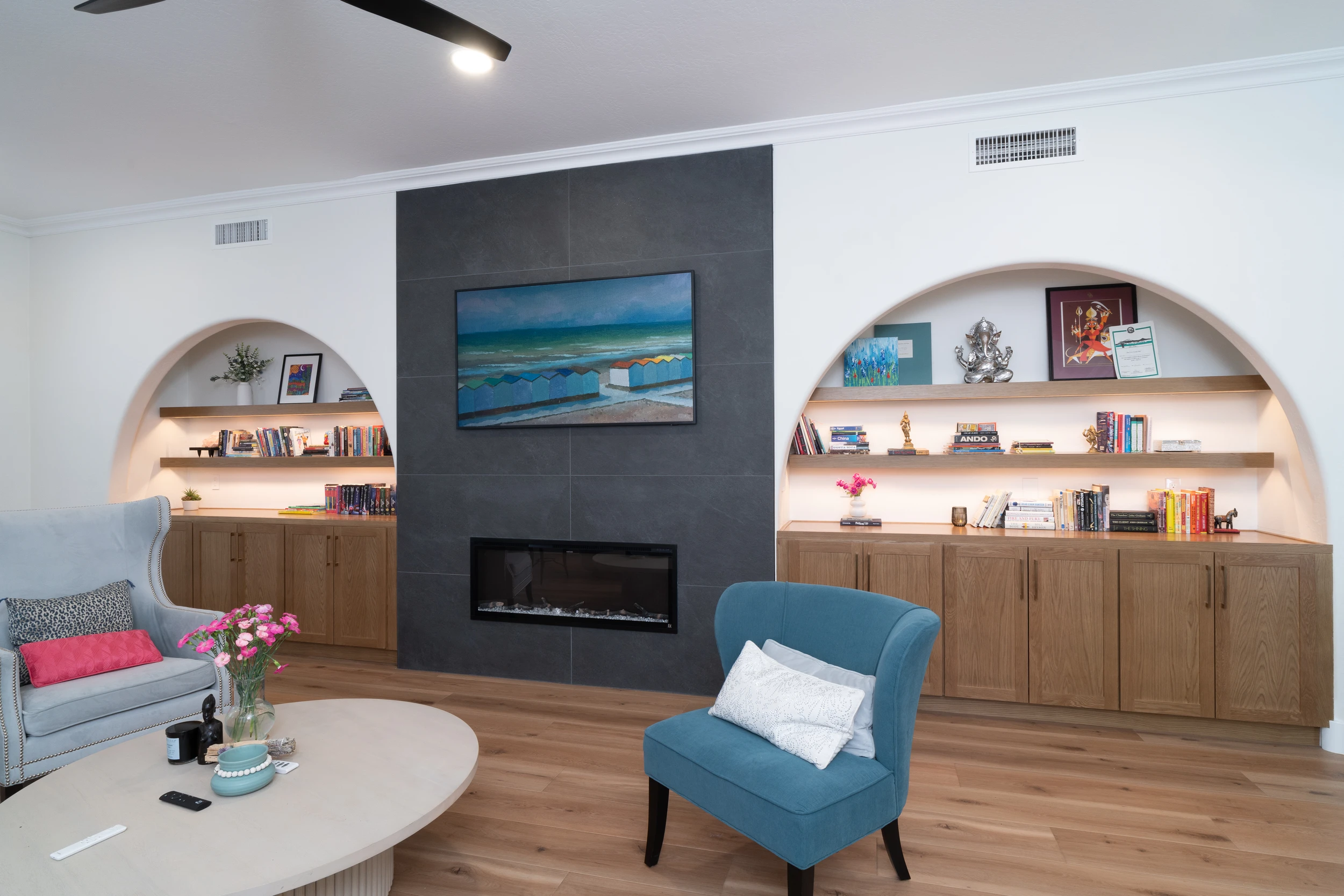 Family room with electric fireplace