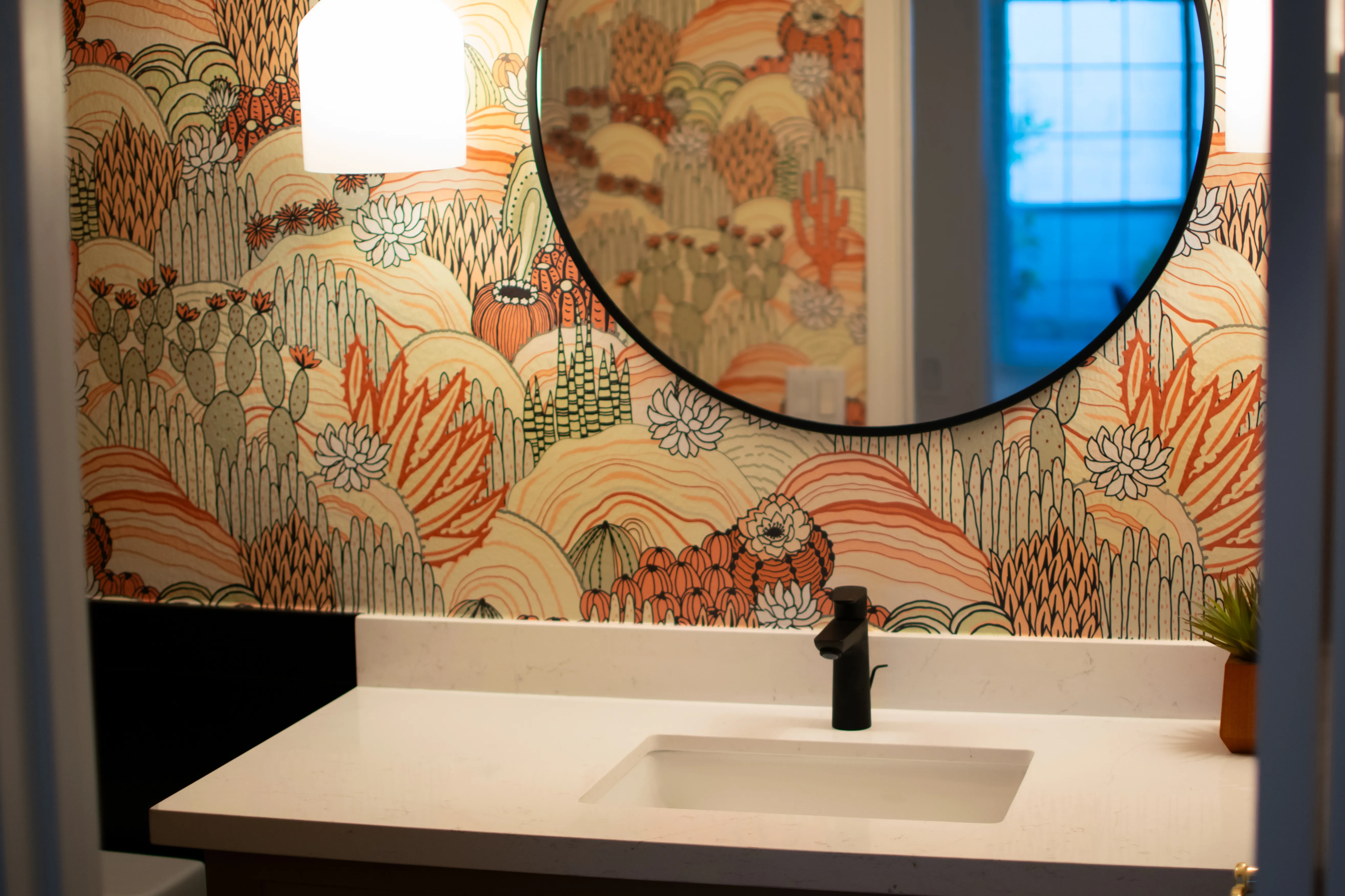 Bathroom water-resistant wallpaper and counter